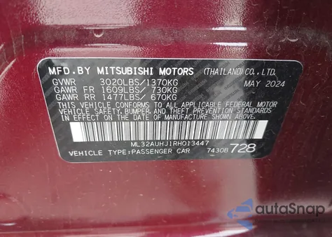 2024 Mitsubishi Mirage Es/Le from USA, damaged, VIN ML32AUHJ1RH013447
